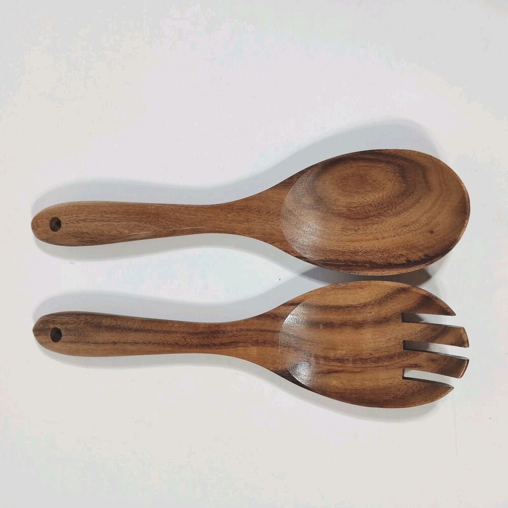 Wooden Serving Utensils Salad Tongs Midcentury Modern Natural Cottage 10"